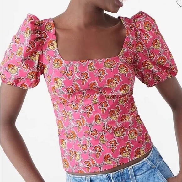 J Crew Puff sleeve squareneck top in Ratti Fine Italian Fabric pink blooms 2 NEW - Picture 1 of 11